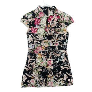 Tang Dynasty Women's Size L Asian Blouse Back Zipped Black Floral Design